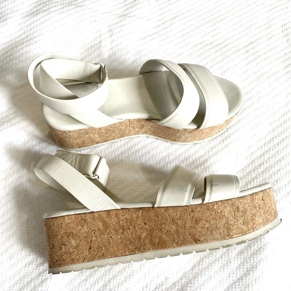 Vince Jet White Leather Cork Platform Valcro Ankle  Straps Size 5.5‎